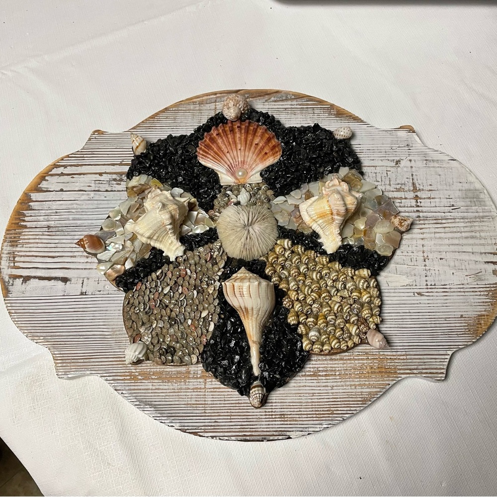 Seashell Mosaic Wall Art On White Washed Backboard